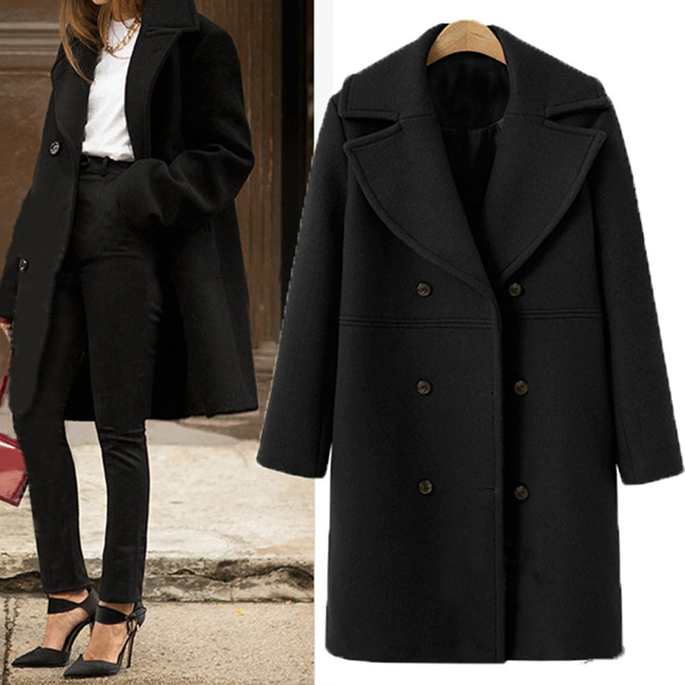 Women Fashion Loose Winter Warm Long Sleeve Button Woolen Jacket Coat