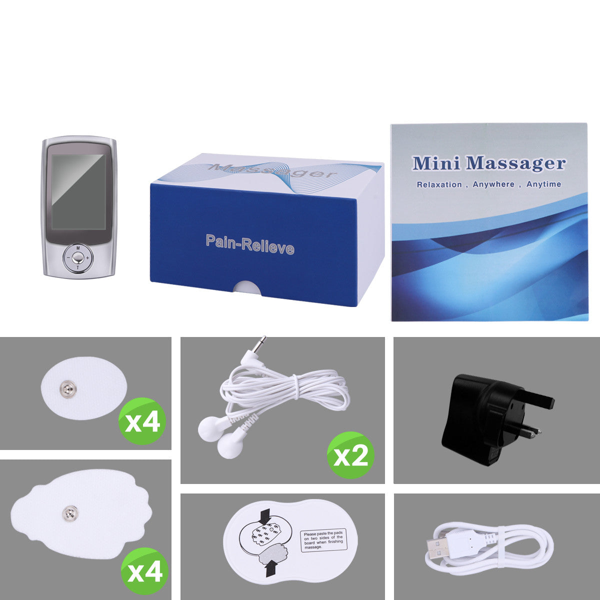 TENS Massager Pulse Impulse Massager FDA Approved Double Output 16 Modes Rechargeable with 8 Pads for Relief Muscle Pain Relax Shoulder Back Knee Foot Ear