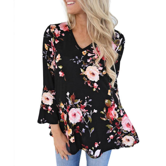 Women Autumn Casual Floral Printing Long Flare Sleeve Tops T-Shirt Blouse