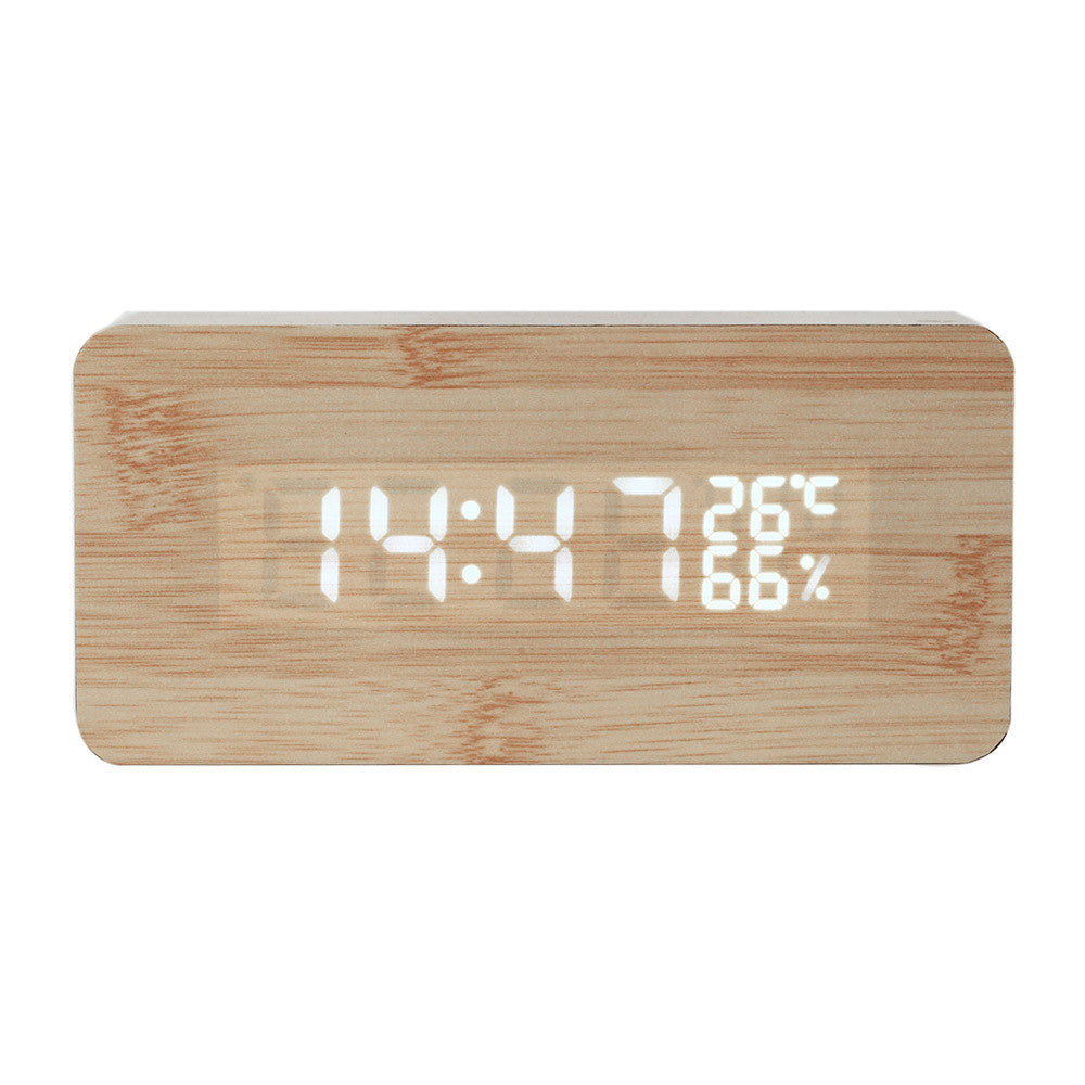 Digital LED Wood Wooden Desk Clock Alarm Snooze Voice Control Timer Thermometer
