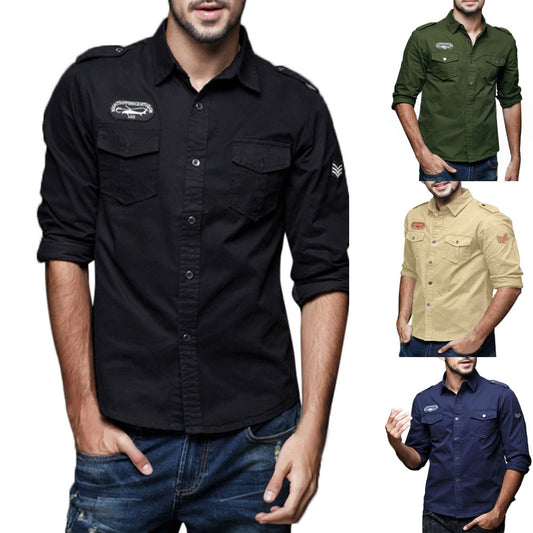 Mens Autumn Casual Military Cargo Slim Button Long Sleeve Dress Shirt Top Blouse