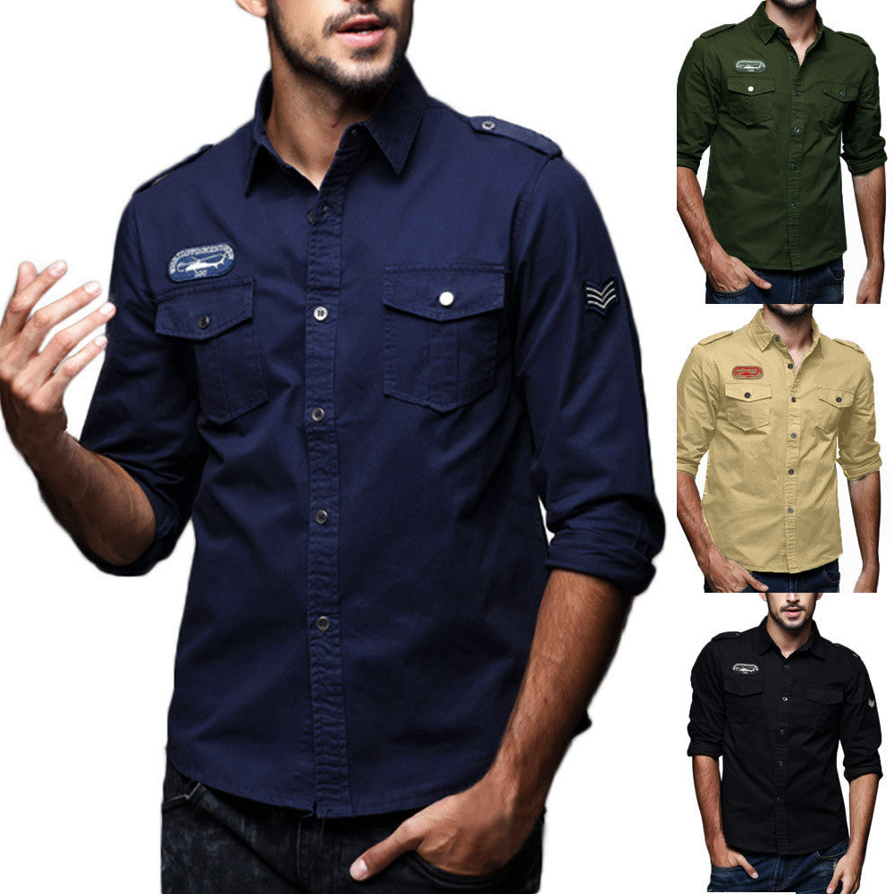Mens Autumn Casual Military Cargo Slim Button Long Sleeve Dress Shirt Top Blouse