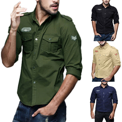Mens Autumn Casual Military Cargo Slim Button Long Sleeve Dress Shirt Top Blouse