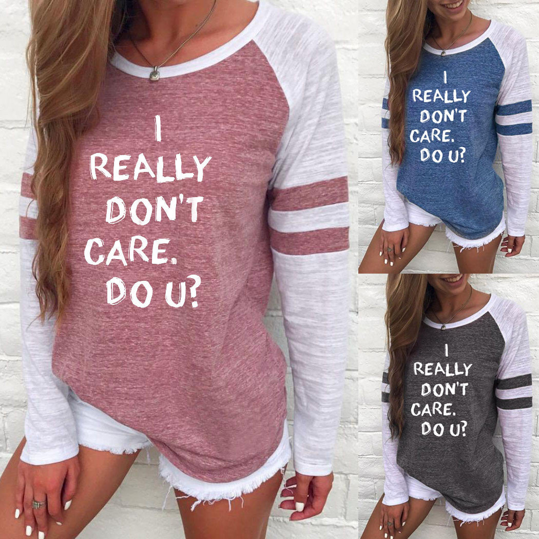 Fashion Women Letter Print Long Sleeve Splice Blouse Tops Clothes T Shirt