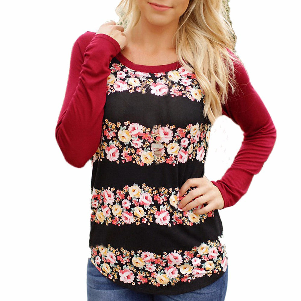Women Autumn Casual Print Floral Long Sleeve Top T-Shirt Blouse
