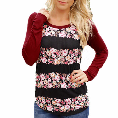 Women Autumn Casual Print Floral Long Sleeve Top T-Shirt Blouse