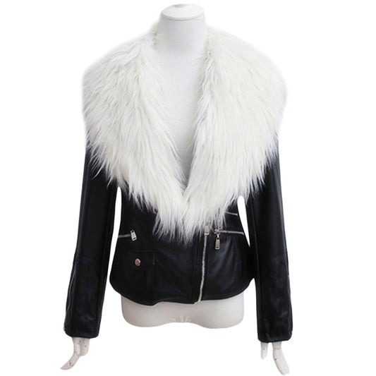 Fashion Cool Personality Zipper Motorcycle Leather Jacket Short Coat with Fur Collar