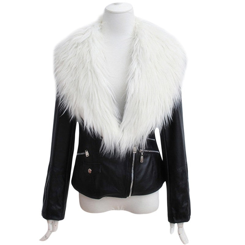 Fashion Cool Personality Zipper Motorcycle Leather Jacket Short Coat with Fur Collar