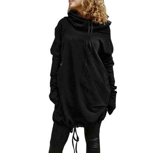 Women Black Loose Solid Oversize Long Sleeve Hoodies Pullover Dress Blouse