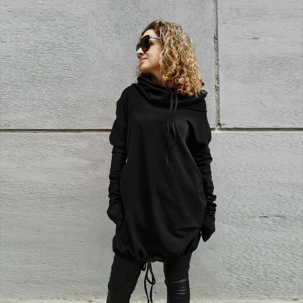 Women Black Loose Solid Oversize Long Sleeve Hoodies Pullover Dress Blouse
