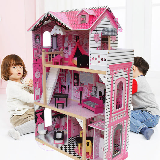 80*42*120cm Big size wooden doll house pretend toy kids pink doll villa three floors luxury with doll furniture girls gift